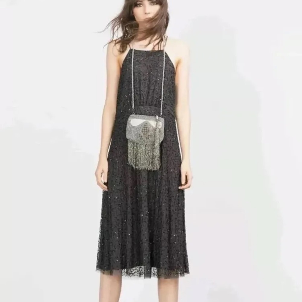 ZARA DARK GREY MIDI EVENING COLLECTION SEQUIN FINE STRAPS DRESS BNWT SIZE M